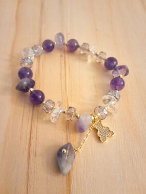 Purple Amethyst & Crystal Stretch Bracelet with CZs Charm